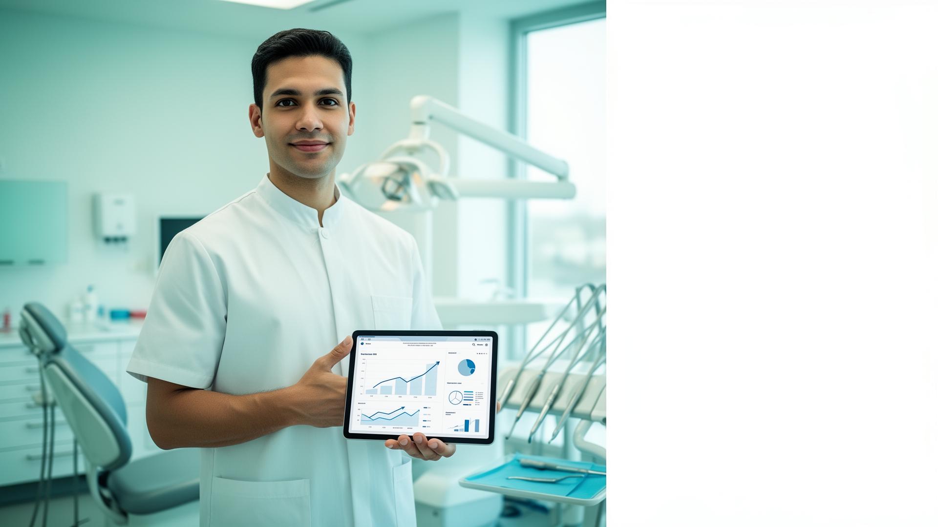 Modern dentist reviewing income growth analytics on a tablet in a contemporary clinic